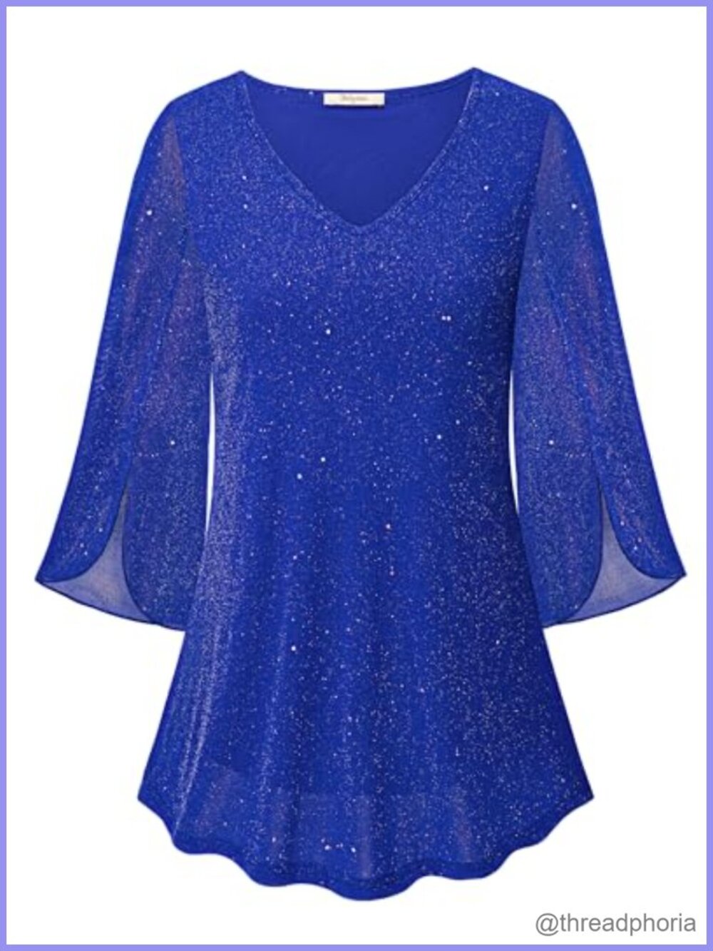 Womens Ruffle 3/4 Sleeve V Neck Mesh Double Layer Loose Fit Flowy Tunic Top